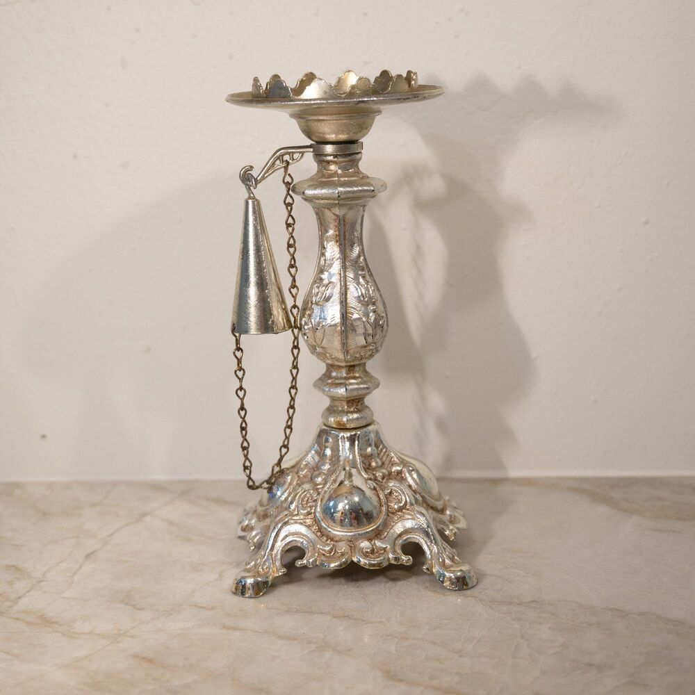 Vintage Dilly Mfg. Ornate Silver Plated Candle Holder with Chained Snuffer